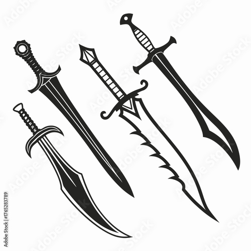 Collection of four stylized black swords on white background