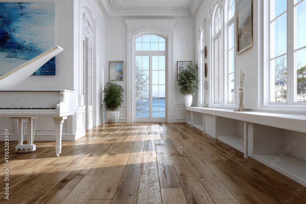 Fototapeta premium Bright modern living room with white piano and scenic views