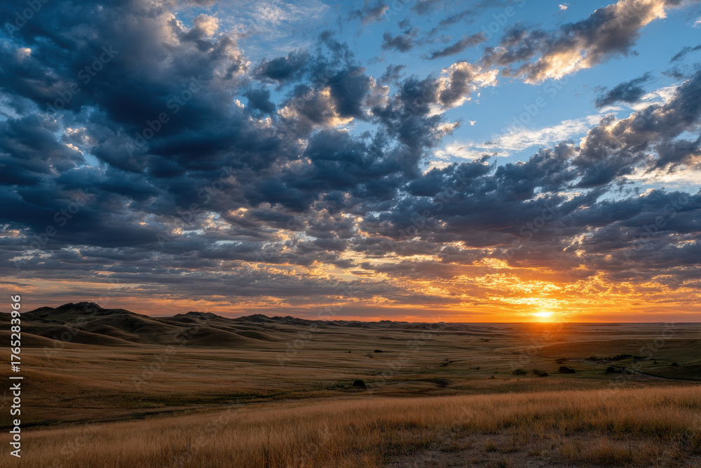 Obraz premium Sunset over rolling hills with dramatic clouds and golden skies