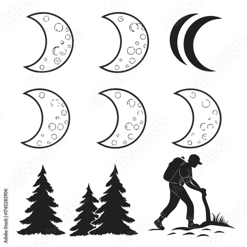 Crescent moons and pine trees with a hiker night celestial