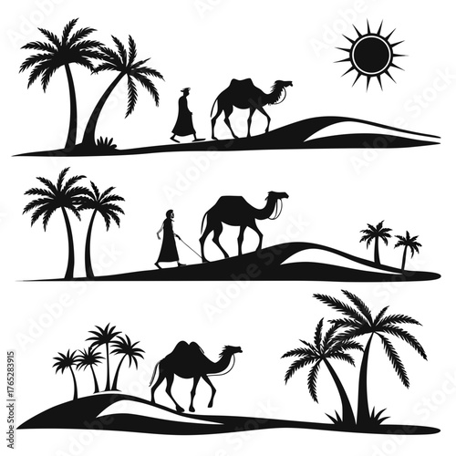 Desert caravan with camels and palm trees silhouette