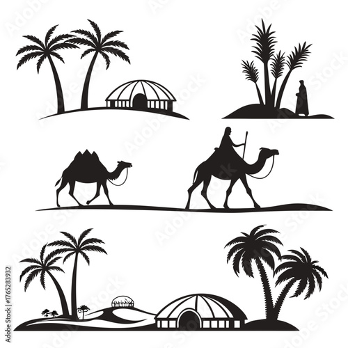 Desert landscape silhouettes with camels and palm trees 1
