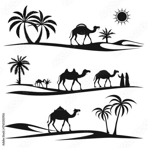 Desert landscape with camels and palm trees silhouettes