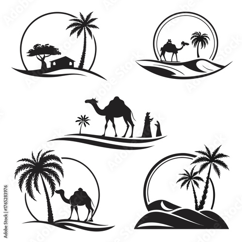 Desert oasis and camel caravan silhouettes palm tree