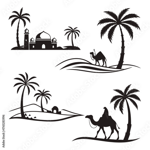 Desert oasis with camels and palm trees silhouettes