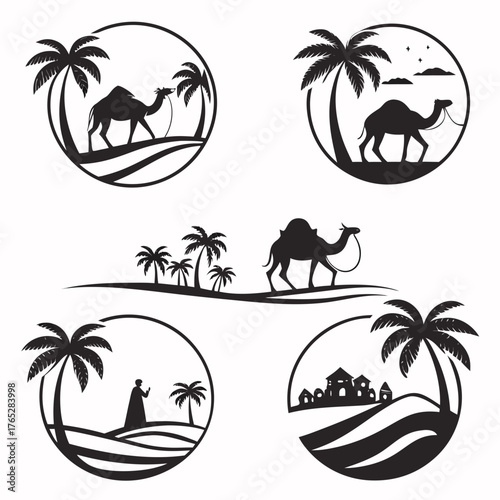 Desert oasis scenes with camels palm trees and village silhouettes