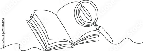 Continuous line drawing of an open book with a magnifying glass isolated on white background