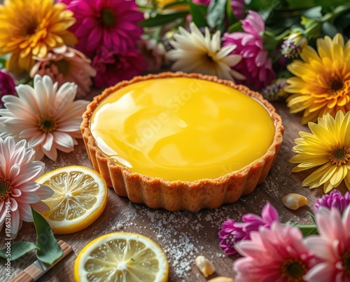 A delicious lemon tart surrounded by vibrant flowers and fresh lemon slices, perfect for a spring celebration.