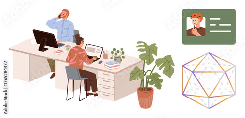 Office scene with two colleagues working at a desk, ID card floating nearby, geometric shape, and potted plants. Ideal for teamwork, creativity, organization, design, technology identity education