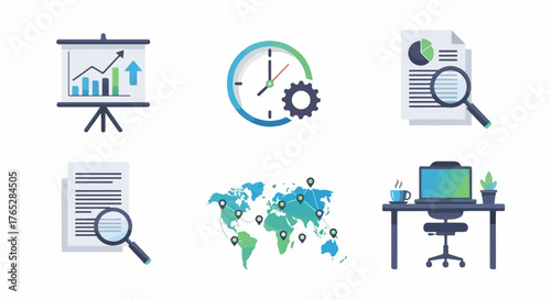 Business and technology icons set for data analytics, planning, and global reach strategies
