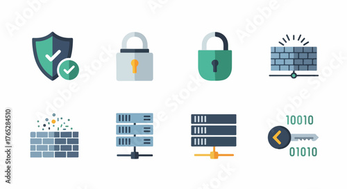 Cybersecurity and Data Protection Icons Shields, Locks, Servers, and Code
