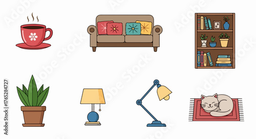 A charming collection of flat design icons depicting cozy home life essentials like a comfy sofa, bookshelf, plants, and a sleeping cat