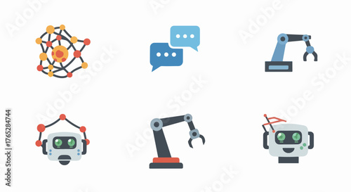 Modern AI and Robotics Vector Icons Featuring Neural Networks, Chatbots, Industrial Arms, and Digital Automation Concepts for Technology and Innovation Design