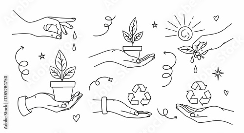 Elegant line art set illustrating hands tenderly nurturing plant growth, carefully watering seedlings, and actively promoting sustainable environmental care and ecological responsibility