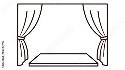 A simple black and white line drawing of a stage with curtains isolated on white background for use in design and illustration