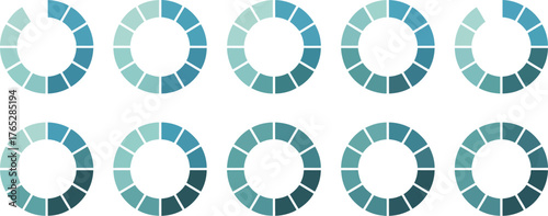 Collection of circular progress indicators in shades of blue isolated on white background