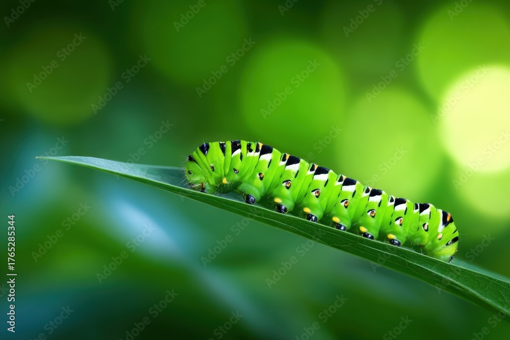 Fototapeta premium Vibrant green caterpillar resting on a leaf amidst a blurred, lush green background in nature