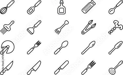 Collection of kitchen utensils isolated on white background for cooking and food preparation