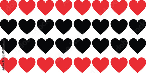 Rows of red and black hearts are displayed against a white background.