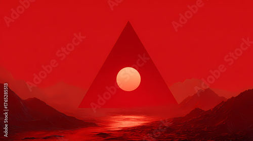 The sun setting within a triangle over a landscape