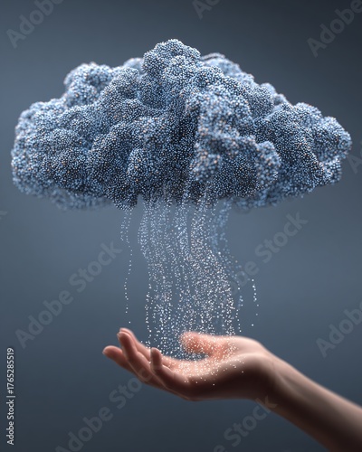 A disembodied hand reaches up to catch streams of glowing digital particles raining down from an abstract, granular blue cloud, symbolizing cloud computing, data, and technology.