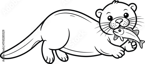 A cartoon otter is holding a fish in its mouth.