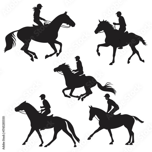Five black horse and rider silhouettes in motion white
