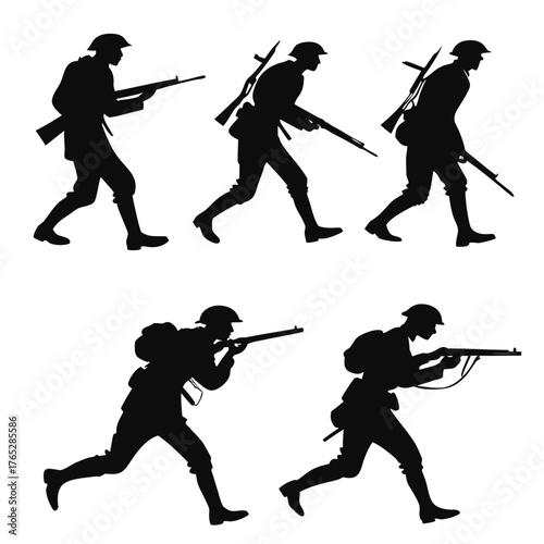 Five Black Silhouettes of Soldiers in Uniform with Rifles
