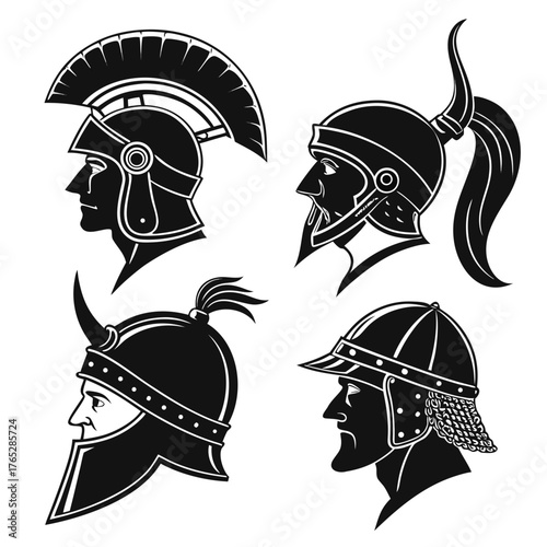 Four ancient warrior helmets in profile black and white