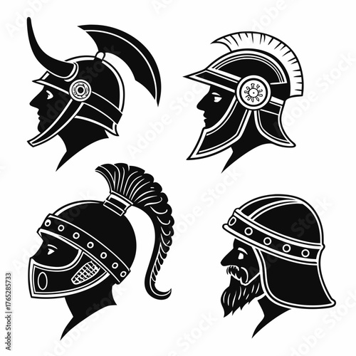 Four Ancient Warrior Helmets Profile Silhouettes vector