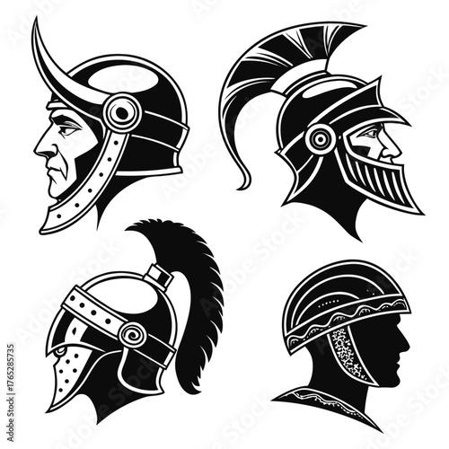 Four Ancient Warrior Helmets Profile Silhouettes vector 1