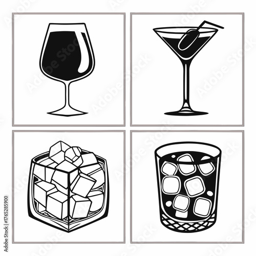 Four black and white illustrations of alcoholic drinks