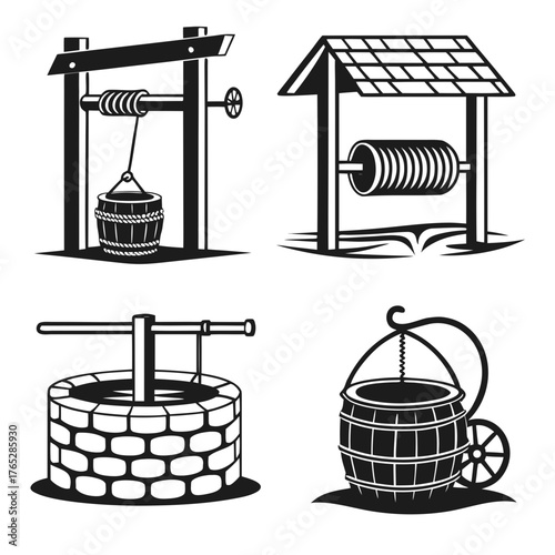 Four black and white illustrations of water wells and buckets