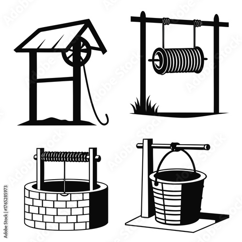 Four black and white illustrations of water wells bucket