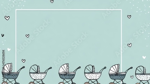 Fototapeta Naklejka Na Ścianę i Meble -  A whimsical illustration featuring baby strollers on a pastel background, adorned with hearts and a blank space for personalization, baby and mom background