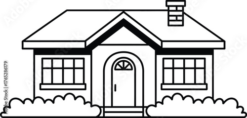 A simple line drawing of a house with a chimney and windows.