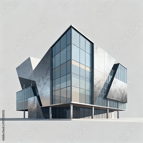 Contemporary Angular Glass-and-Steel Office Building with Faceted Metallic Facades and Reflective Curtain Walls