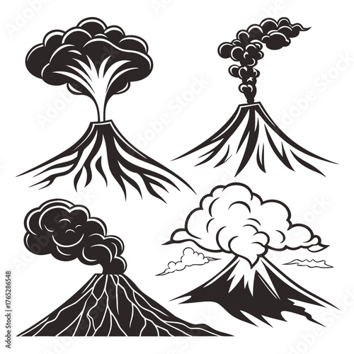 Four black and white volcano illustrations with smoke plumes