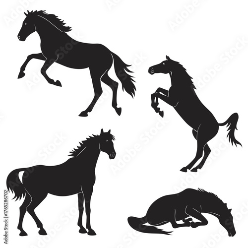Four black horse silhouettes in various poses white background 3