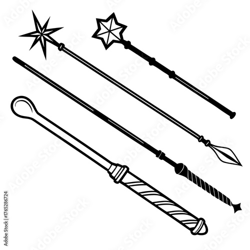 Four Black Magic Wands and Staffs on White Background
