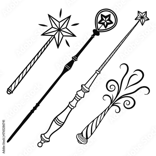 Four Black Magic Wands with Stars and Swirls fantasy
