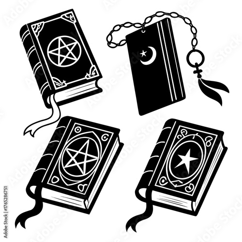 Four black occult books with symbols and ribbons magic