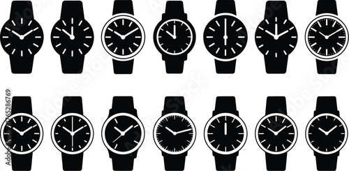 A collection of black wristwatches displays various times against a white background.