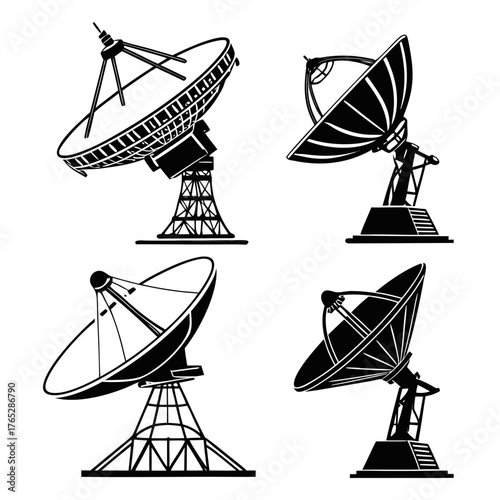 Four black satellite dishes on white background antenna 1