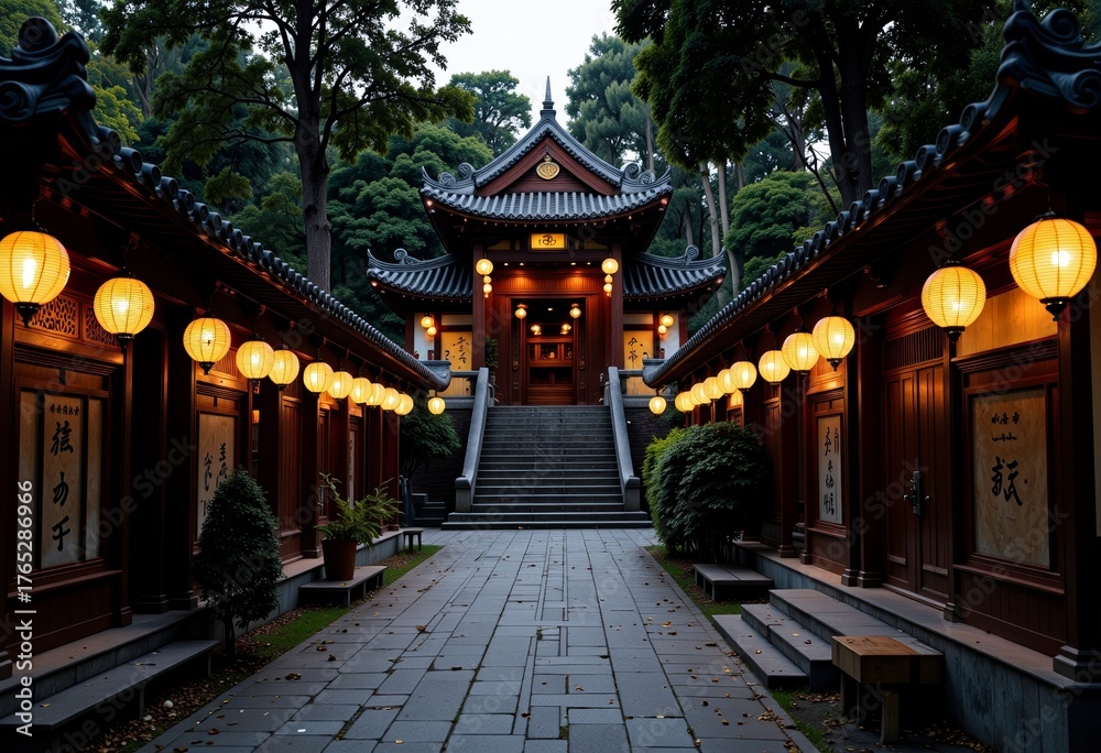 Obraz premium Serene Temple Pathway Illuminated by Softly Glowing Lanterns at Dusk, Leading to the Tranquil Sacred Shrine Nestled Amidst Verdant Trees