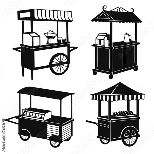 Four black silhouette food carts with awnings black and white