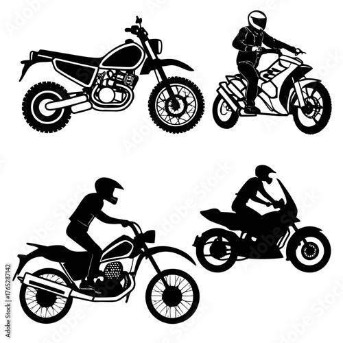 Four black silhouette motorcycles and riders on white