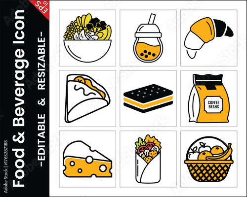 Food And Beverage Vector Icon Set Line Art With Salad Coffee Croissant Taco Fruits