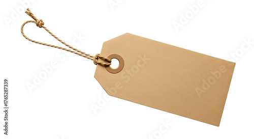 A blank, empty, brown kraft paper price tag with a string loop, isolated on a transparent background