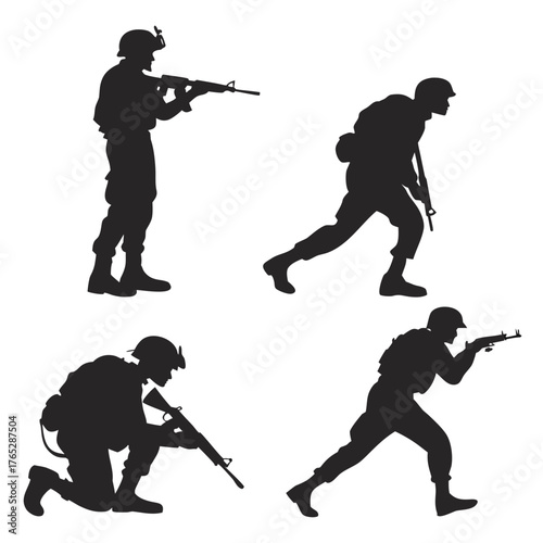 Four black silhouette soldiers in combat poses with rifles 1